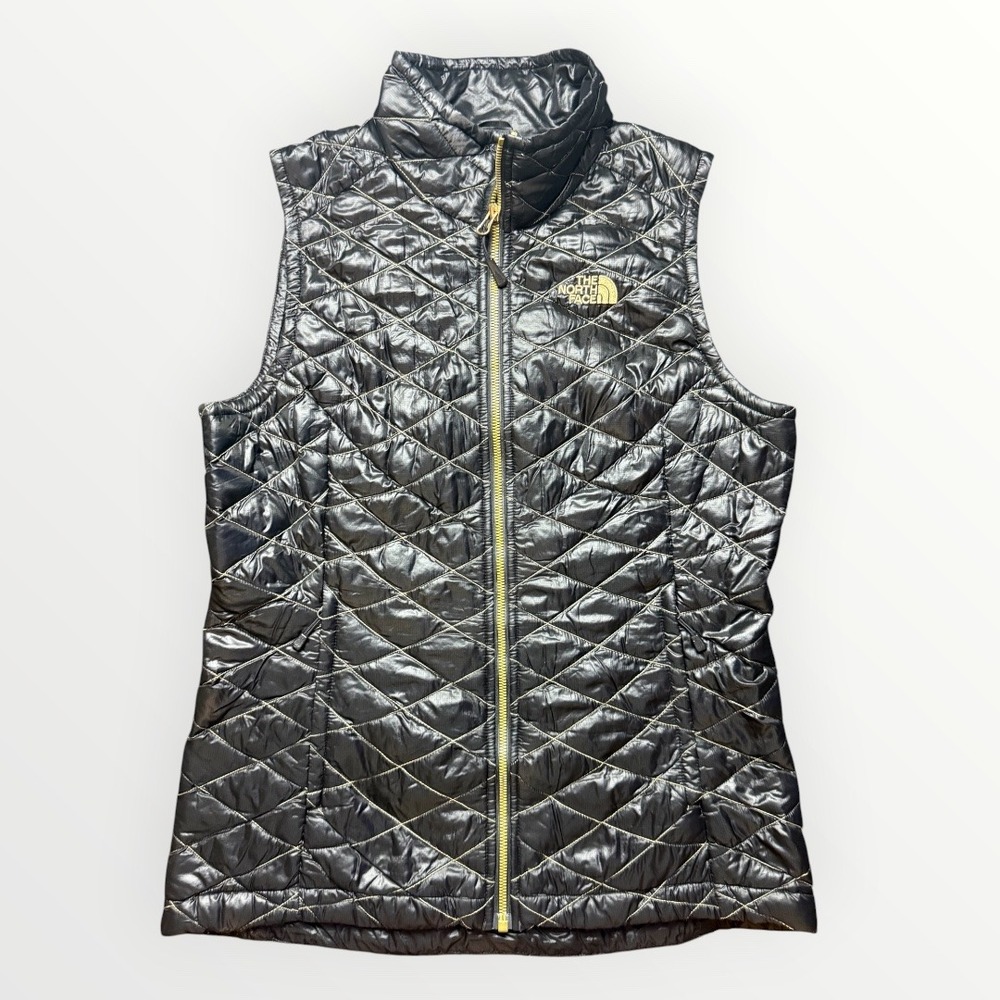 The North Face ThermoBall Quilted Vest Black Gold Womens Medium Full Zip Puffer